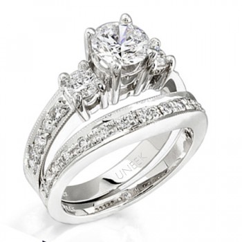 Uneek 18K White Gold Round Three-Stone Diamond Engagement Ring With Matching Band SM325