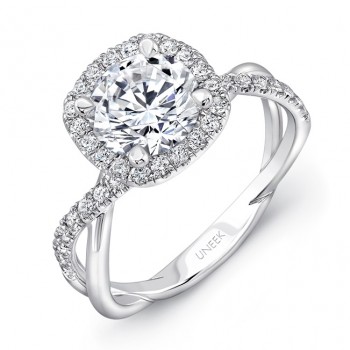 Uneek Round-Diamond-on-Cushion-Halo Engagement Ring with Infinity-Style Crisscross Shank, in 14K Whi