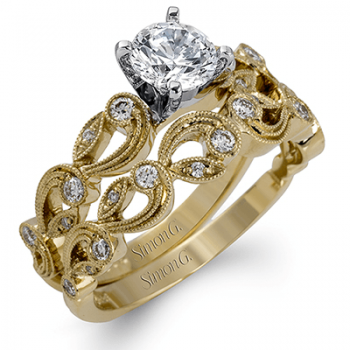ROUND-CUT TRELLIS ENGAGEMENT RING & MATCHING WEDDING BAND IN 18K GOLD WITH DIAMONDS