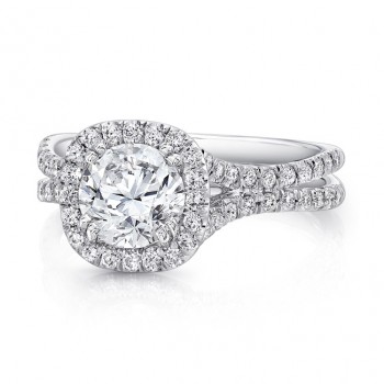Uneek Round Diamond Engagement Ring with Cushion-Shaped Halo and Pave Double Shank, in 14K White Gol