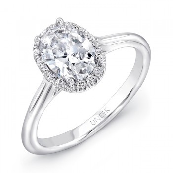 Uneek Classic Oval Diamond Halo Engagement Ring with Sleek, Stoneless Unity "Tri-Fluted" Shank, in 1